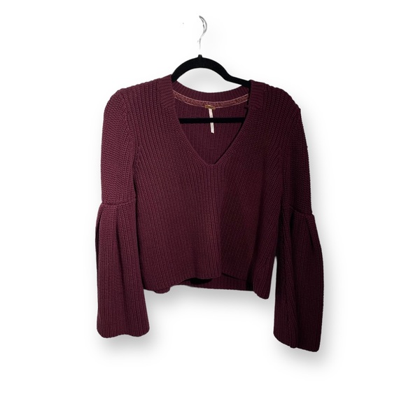 FREE PEOPLE Damsel Sweater Burgundy Bell Sleeve V-Neck - Picture 2 of 6